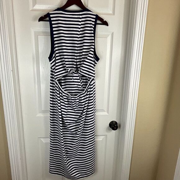 New J Crew Women Sz L Navy White Striped Dress Back Tie Sleeveless Knit Midi R3 - Picture 4 of 11